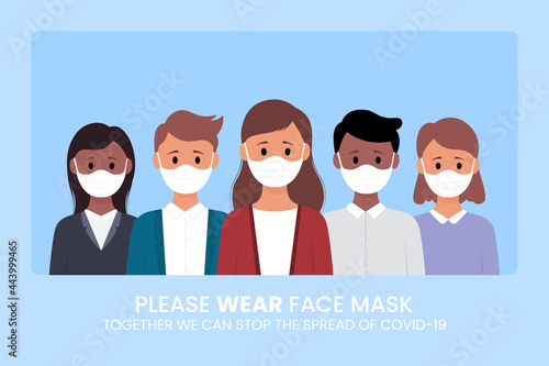Group of people wearing medical masks to prevent corona virus,world pollution.Vector illustration