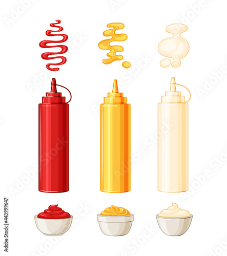 Mayonnaise, mustard, tomato ketchup. Vector illustration sauces in bottles and bowls, with splashes and drops. Cartoon style.