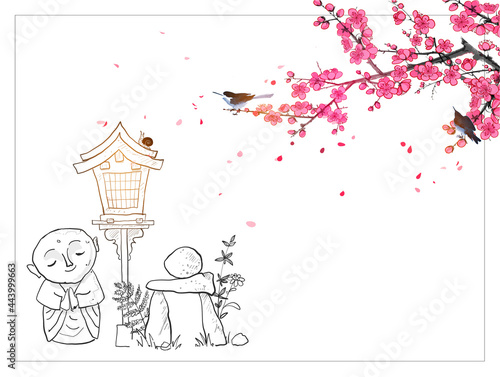 Japanese zen garden composition. Japanese zen garden in doodle style. Bodhisattva Jizo, toro lantern and zen rock sculpture under sakura blossom. Traditional Japanese ink wash painting sumi-e.
