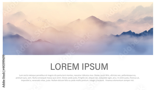 Design template with misty mountains and place for your text. Traditional oriental ink painting sumi-e, u-sin, go-hua. Minimalist style