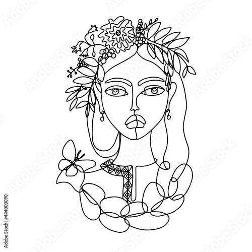 A girl in a wreath of flowers. A butterfly on a braid. Unusual abstract Female Portrait in one line art style. Linear sketch. Outline summer woman face. Fashion t-shirt print vector illustration.