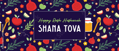 jewish new year, rosh hashanah, greeting card banner with traditional icon pattern. Happy New Year, shana tova in hebrew. Apple, honey, flowers and leaves, Jewish New Year symbols and icons. Vector il
