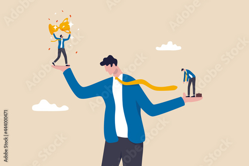 Social comparison anxiety, compare yourself to others, discourage of failure, loser or self motivation problem concept, sad depressed man stand on his hand compare himself with winning colleague. photo