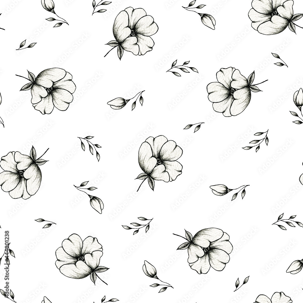 Seamless pattern with black and white flower motif, line drawing of elegant flower sketch, botanic illustration for wedding stationary, greetings, wallpapers, fashion, wrapping paper, fashion, textile