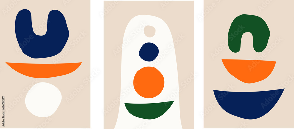 A collection of simple minimalistic abstractions with different colored modern shapes (circles) on a beige background. Hand drawn