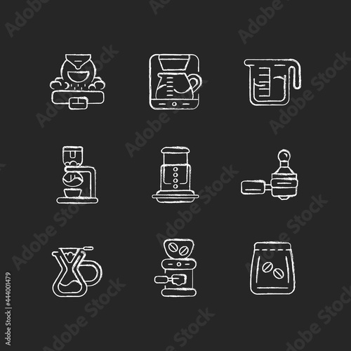 Coffee shop appliance chalk white icons set on dark background. Professional roaster for processing beans. Espresso machine for cafe. Espresso making. Isolated vector chalkboard illustrations on black