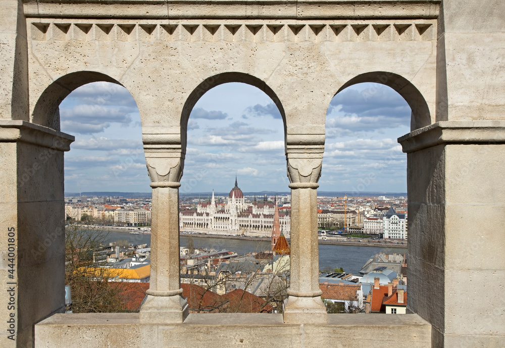 View of Hungarian parliament building from Fisherman's bastion in Budapest. Hungary