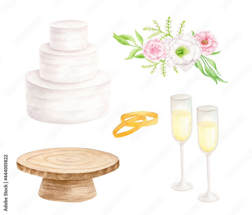Watercolor wedding set. Hand painted tiered white cream cake, rustic wood cake stand, champagne glasses, gold wedding rings and flower arrangement. Isolated illustration for invitation, save the date.