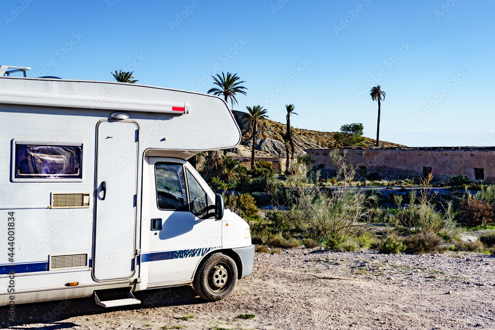 Caravan at movie location in Sierra Alhamilla, Spain