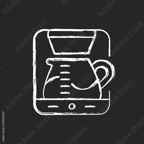 Drip machine chalk white icon on dark background. Professional coffee maker for restaurant. Automatic cafe appliance for espresso preparation. Isolated vector chalkboard illustration on black