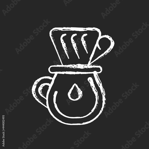 Drip coffee chalk white icon on dark background. Filter for brewing espresso. Professional utensils and equipment for coffee shop. Barista accessories. Isolated vector chalkboard illustration on black