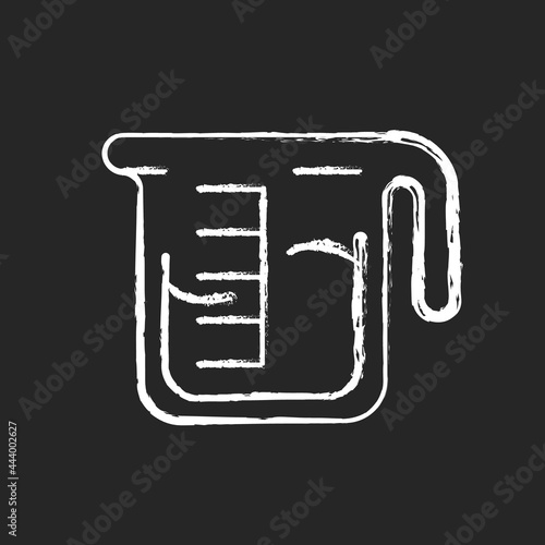 Coffee measuring cup chalk white icon on dark background. Beaker with drink. Kitchen utensil for espresso preparation. Professional appliance. Isolated vector chalkboard illustration on black