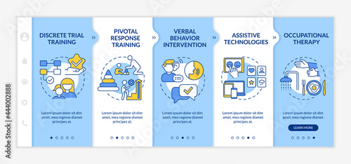 ASD therapy approaches onboarding vector template. Responsive mobile website with icons. Web page walkthrough 5 step screens. Pivotal response training color concept with linear illustrations