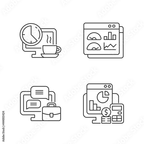 Work tracking linear icons set. Coffee, lunch break for employee. Dashboard with professional data. Customizable thin line contour symbols. Isolated vector outline illustrations. Editable stroke