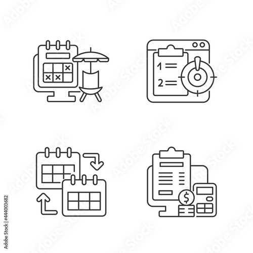 Remote work trackers linear icons set. Vacation leave for employee marked on calendar. Customizable thin line contour symbols. Isolated vector outline illustrations. Editable stroke