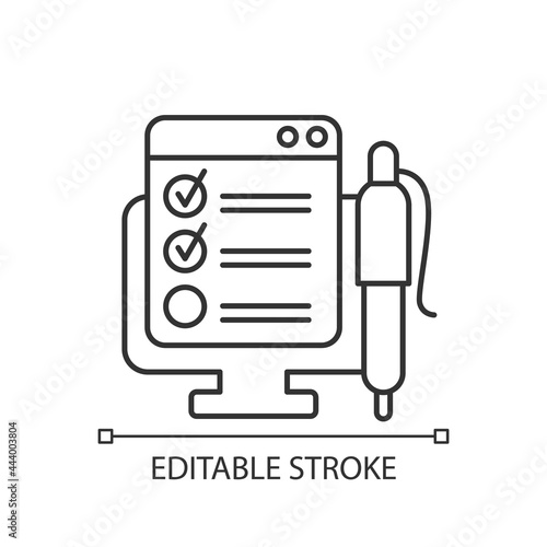 Online form linear icon. Checklist for task. Internet questionnaire with control checklist. Thin line customizable illustration. Contour symbol. Vector isolated outline drawing. Editable stroke