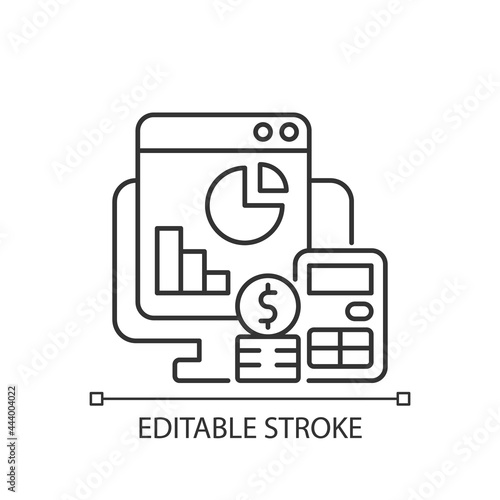 Cost management linear icon. Business finance planning. Strategy for economics. Work monitoring. Thin line customizable illustration. Contour symbol. Vector isolated outline drawing. Editable stroke