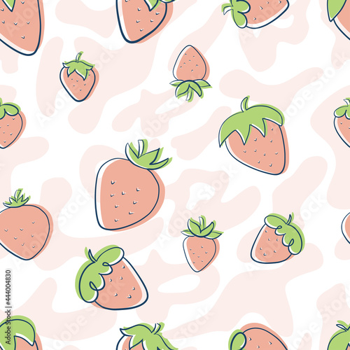 Juicy Strawberries with abstract blots seamless pattern hand drawing pink background for wrapping paper, textiles, home decor, wallpaper, baby cloth, menu or packaging design, food or drink posters