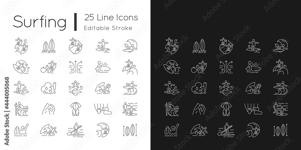 Surfing linear icons set for dark and light mode. Recreational activity. Catching waves and learning tricks. Customizable thin line symbols. Isolated vector outline illustrations. Editable stroke Surfing linear icons set for dark and light mode. Recreational activity. Catching waves and learning tricks. Customizable thin line symbols. Isolated vector outline illustrations. Editable stroke