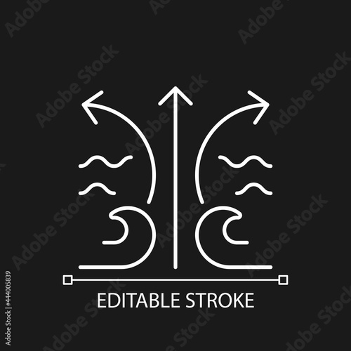 Rip current wave white linear icon for dark theme. Dangerous threat to surfer. Flat spot in waves. Thin line customizable illustration. Isolated vector contour symbol for night mode. Editable stroke