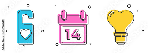 Set Please do not disturb with heart, Calendar with February 14 and Heart shape in a light bulb icon. Vector
