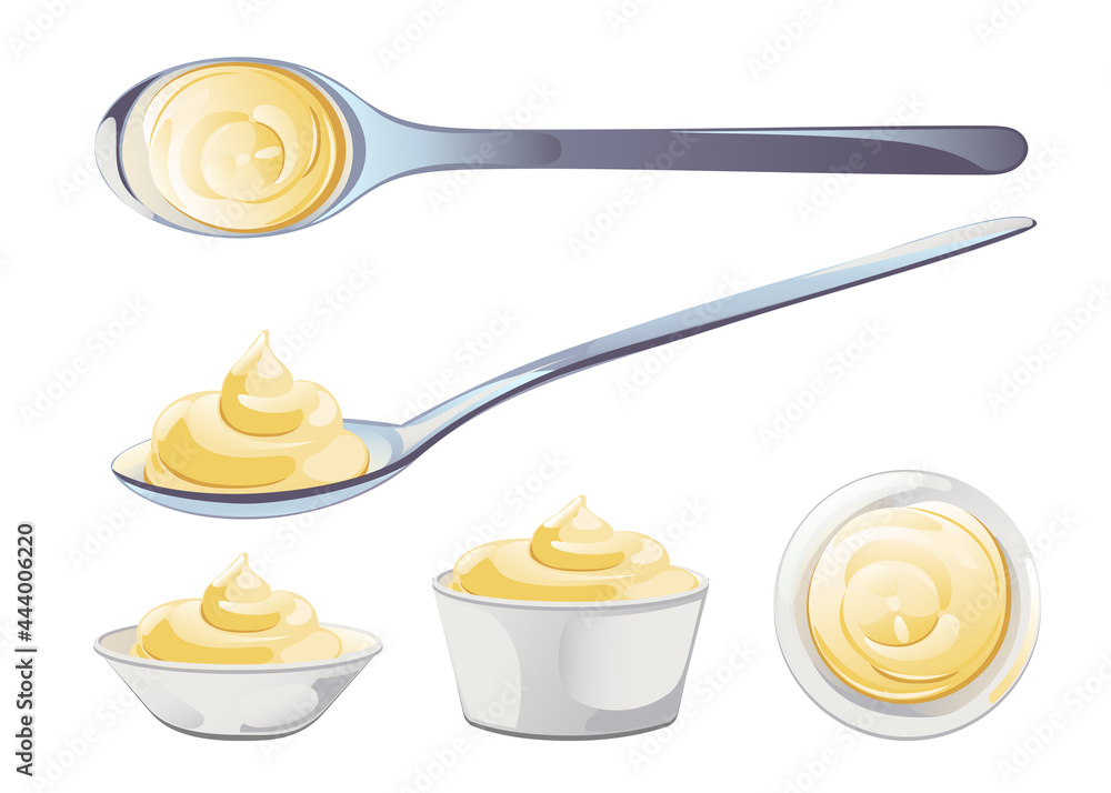 Mayonnaise in metal spoon in catroon flat style. Portion of sauce