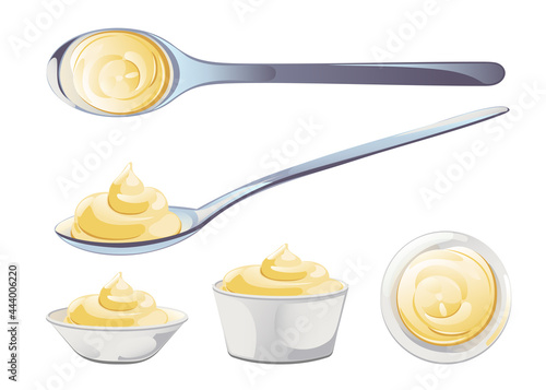 Mayonnaise in metal spoon in catroon flat style. Portion of sauce. Vector design for advertising cheese, dairy products, healthy food.