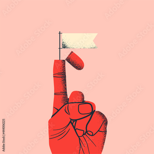 Business negotiations or truce concept with raised red hand with white flag coming out of opened forefinger. Vector illustration photo