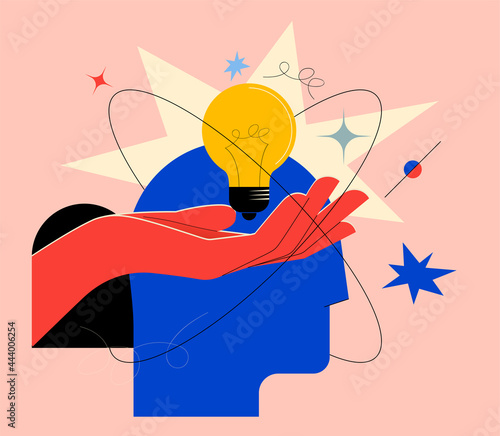Creative mind or brainstorm or creative idea concept with abstract human head silhouette and hand holding bulb lamp surrounded abstract geometric shapes in bright colors. Vector illustration photo