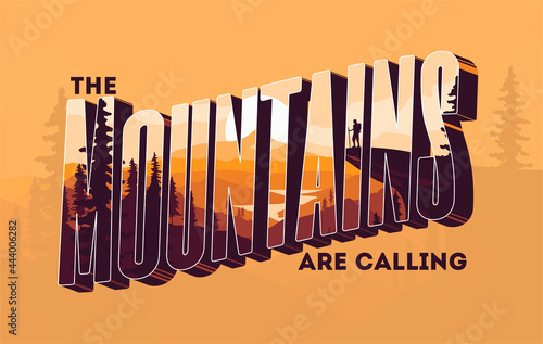 Mountains 3d lettering with double exposure effect with mountains landscape for poster or flyer or t-shirt design. Vector illustration