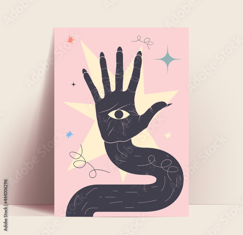 Mystic poster or wallpaper concept with abstract black hand silhouette with eye in the hand palm on pink background. Vintage styled vector illustration