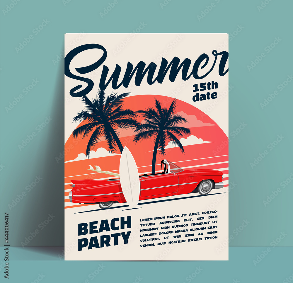 Summer beach party poster or flyer or invitation design template with