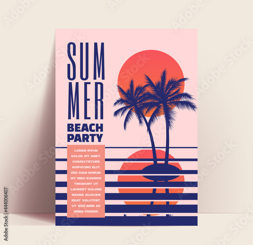 Summer beach party minimalistic flyer or poster or banner design template with sunset above the ocean and small island with palm tree silhouette. Vector illustration