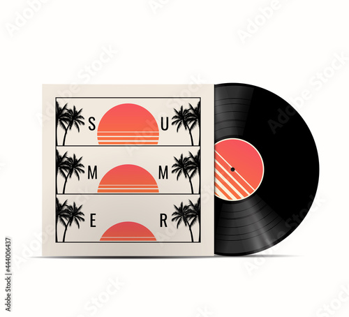 Summer music playlist cover concept with realistic vinyl disk mockup with summer sunset on the cover. Vector illustration