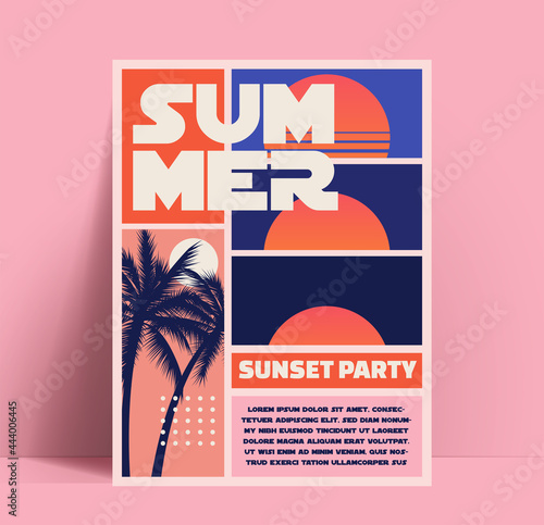 Summer sunset or summer beach party flyer or poster or banner design template in retro style with footage of the setting sun and palm trees silhouette. Vector illustration