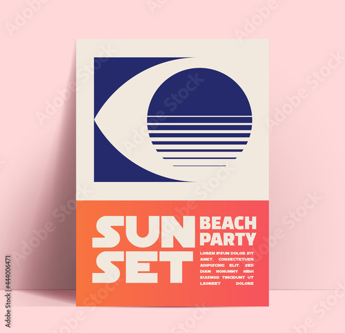Summer sunset beach party minimalist design template with eye with sunset silhouette and typographic composition. Vector illustration