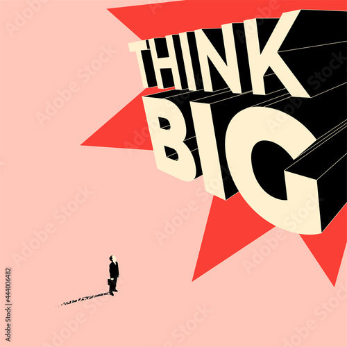 Think Big motivation concept illustration with businessman or office clerk looking up on giant 3d Think Big  lettering. Vintage styled vector illustration