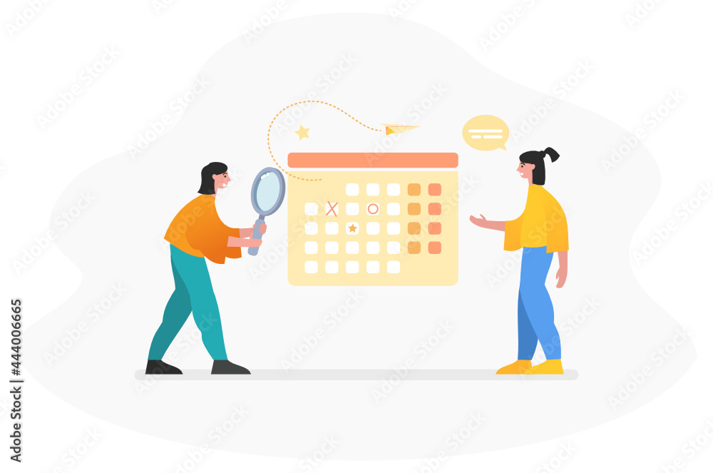 Planning, work schedule, time management. People stand near calendar. Modern vector illustration Planning, work schedule, time management. People stand near calendar. Modern vector illustration