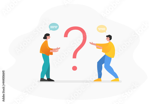 FAQ, support, people stand near big question mark. Modern vector illustration