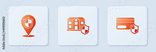 Set House with shield, Location and Credit card. White square button. Vector