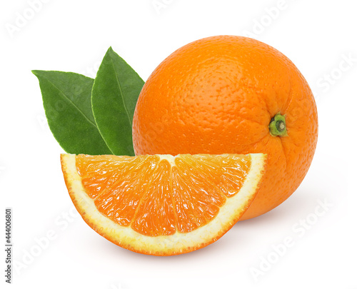 Orange fruit with orange slices and leaves isolated on the white background  cut out.