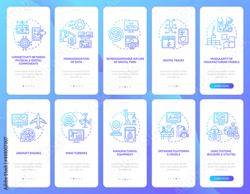 Digital twin onboarding mobile app page screen set. Smart system walkthrough 5 steps graphic instructions with concepts. UI, UX, GUI vector template with linear color illustrations