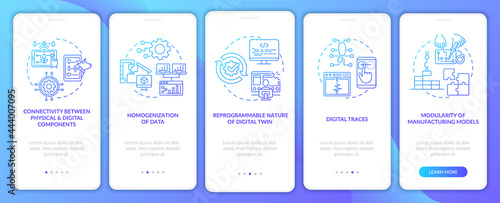 Digital twin characteristics onboarding mobile app page screen. Smart computer walkthrough 5 steps graphic instructions with concepts. UI, UX, GUI vector template with linear color illustrations