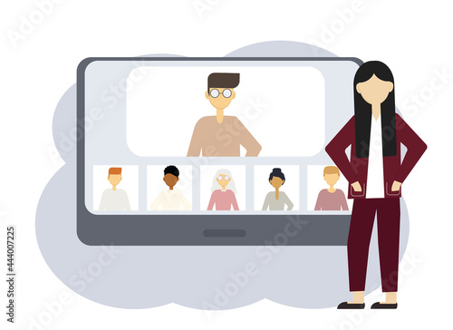 Online conference illustration. A woman next to a computer with portraits of men and women
