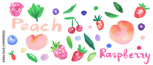 Fototapeta Naklejka Na Ścianę i Meble -  Set of strawberries,cherries,lettering,blackberry,peaches in doodle style oil pastels.Collection of illustrations drawn with wax crayons on white isolated background.Designs for packaging,stickers.