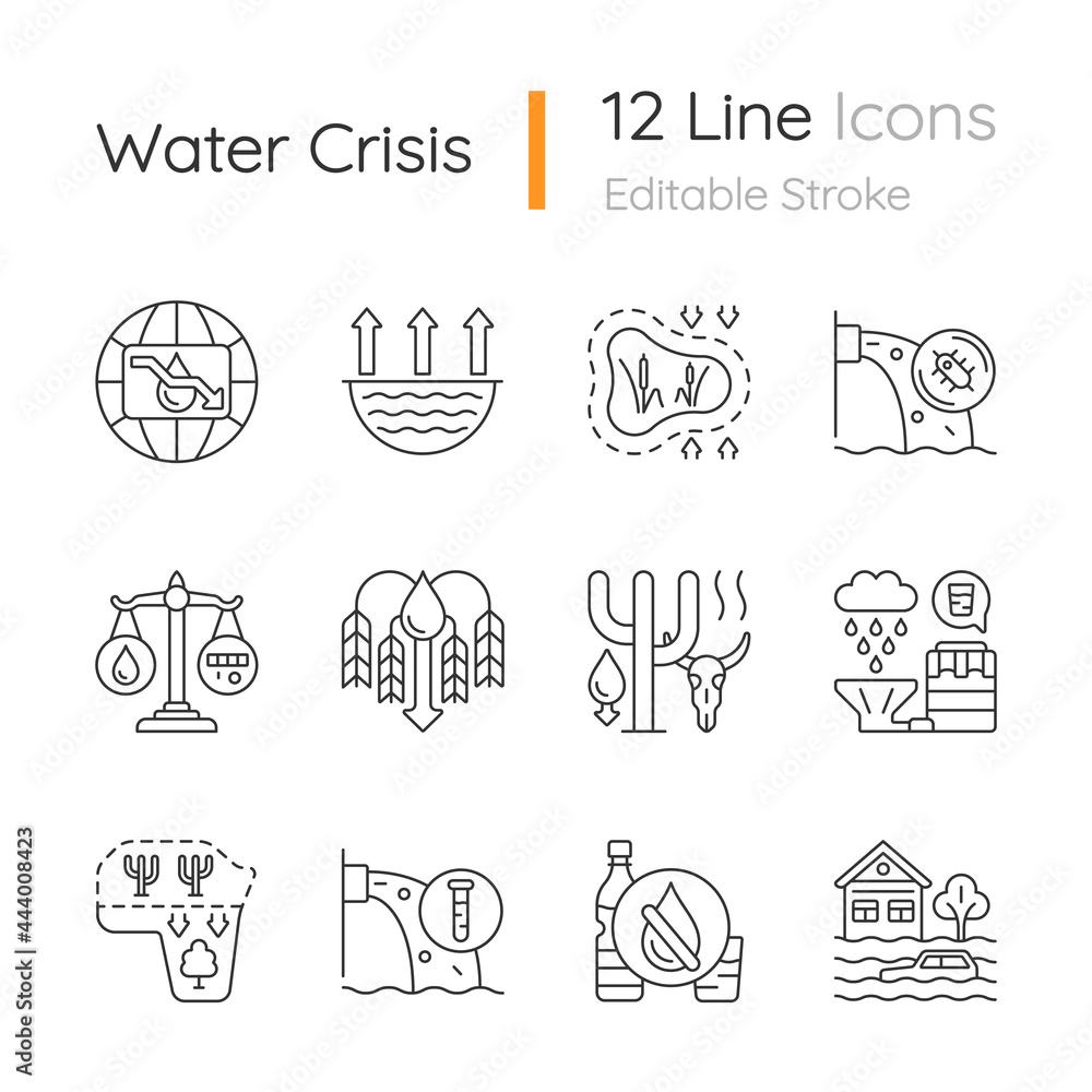 Global Water Crisis Linear Icons Set Water Resources Contamination