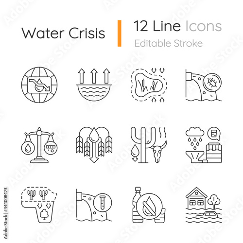 Global water crisis linear icons set. Water resources contamination. Reuse and recycling. Crop shortage. Customizable thin line contour symbols. Isolated vector outline illustrations. Editable stroke