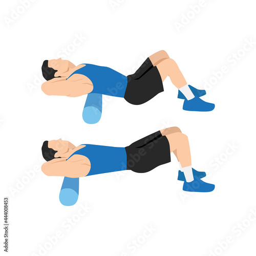 Man doing Foam roller upper back stretch exercise. Flat vector illustration isolated on white background