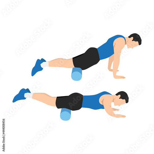 Man doing Foam roller quadriceps stretch exercise. Flat vector illustration isolated on white background