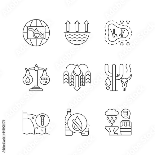 Water resources lacking linear icons set. Water scarcity. Disappearing wetlands. Crop shortage. Customizable thin line contour symbols. Isolated vector outline illustrations. Editable stroke